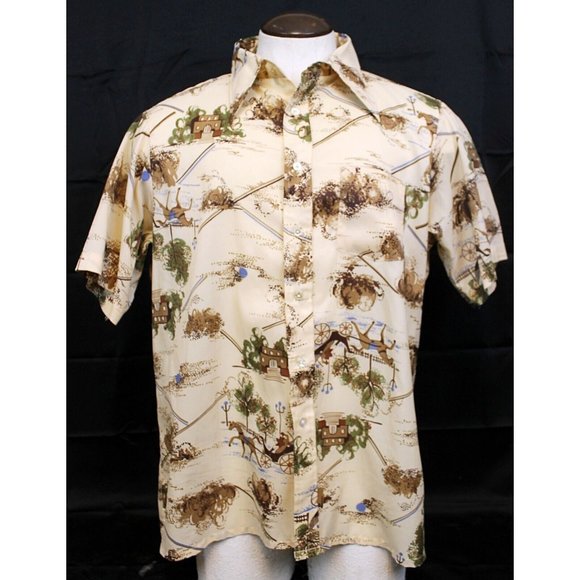 VTG 70s Jp2 Bardon Inc Men XL Beige Shirt Button Up Collared Short Sleeve Horses - Picture 1 of 10